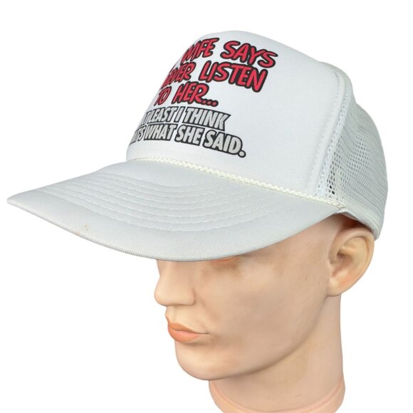 MY WIFE SAYS I NEVER LISTEN TO HER WHITE MESH Snapback TRUCKER HAT By Nissun - Picture 7 of 12
